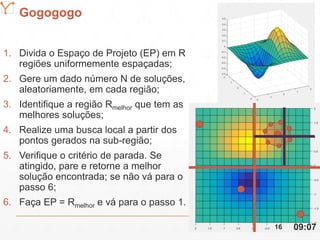 Mission Simulation Lab
HICEE
Gogogogo
1. Divida o Espaço de Projeto (EP) em R
regiões uniformemente espaçadas;
2. Gere um dado número N de soluções,
aleatoriamente, em cada região;
3. Identifique a região Rmelhor que tem as
melhores soluções;
4. Realize uma busca local a partir dos
pontos gerados na sub-região;
5. Verifique o critério de parada. Se
atingido, pare e retorne a melhor
solução encontrada; se não vá para o
passo 6;
6. Faça EP = Rmelhor e vá para o passo 1.
09:0716
 