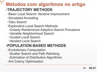 Mission Simulation Lab
HICEE
Métodos com algoritmos no artigo
▪TRAJECTORY METHODS
▪Basic Local Search: Iterative Improvement
▪Simulated Annealing
▪Tabu Search
▪Explorative Local Search Methods
▪Greedy Randomized Adaptive Search Procedure
▪Variable Neighborhood Search
▪Guided Local Search
▪Iterated Local Search
▪POPULATION-BASED METHODS
▪Evolutionary Computation
▪Scatter Search and Path Relinking
▪Estimation of Distribution Algorithms
▪Ant Colony Optimization
09:0729
 