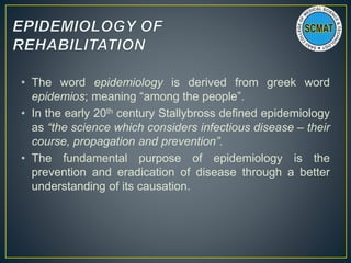 • The word epidemiology is derived from greek word
epidemios; meaning “among the people”.
• In the early 20th century Stal...