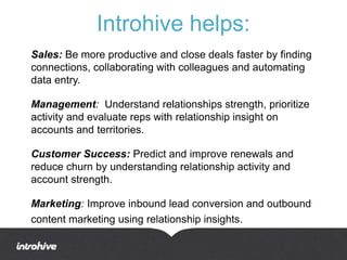 Introhive helps: 
Sales: Be more productive and close deals faster by finding 
connections, collaborating with colleagues and automating 
data entry. 
Management: Understand relationships strength, prioritize 
activity and evaluate reps with relationship insight on 
accounts and territories. 
Customer Success: Predict and improve renewals and 
reduce churn by understanding relationship activity and 
account strength. 
Marketing: Improve inbound lead conversion and outbound 
content marketing using relationship insights. 
 