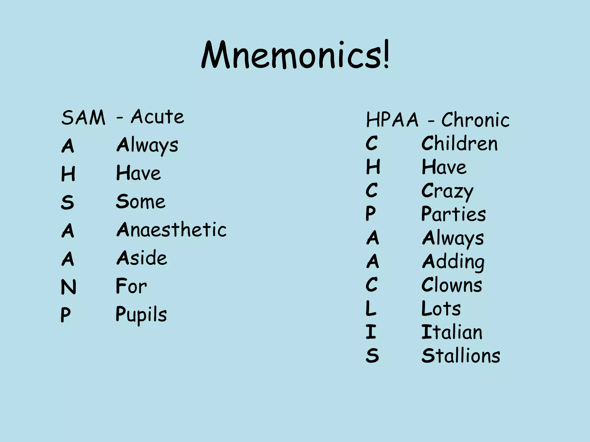 Mnemonics!
SAM   - Acute         HPAA - Chronic
A     Always          C   Children
H     Have            H   Have
                      C   Crazy
S     Some
                      P   Parties
A     Anaesthetic     A   Always
A     Aside           A   Adding
N     For             C   Clowns
P     Pupils          L   Lots
                      I   Italian
                      S   Stallions
 