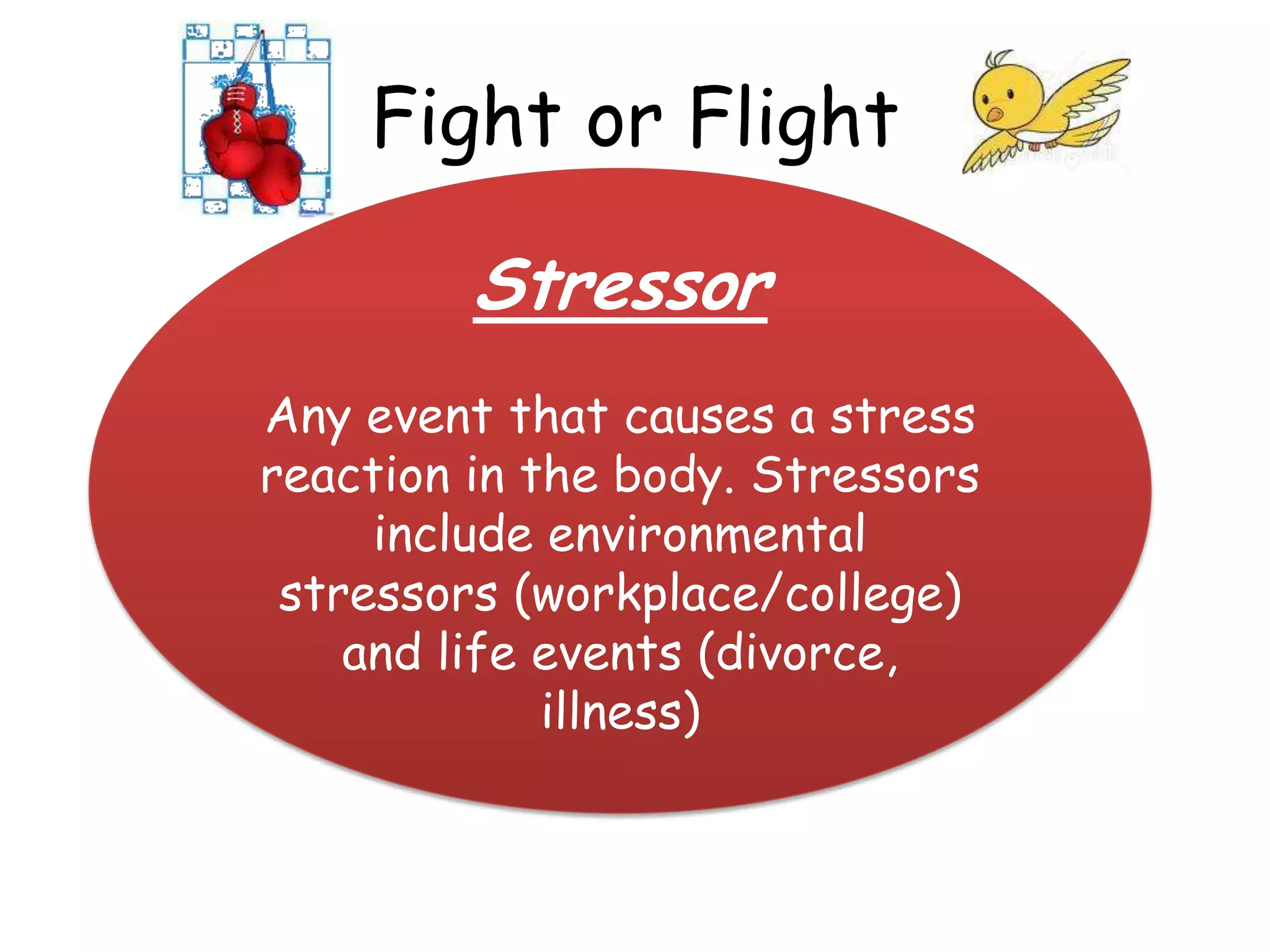 Fight or Flight

         Stressor
Any event that causes a stress
reaction in the body. Stressors
     include environmental
 stressors (workplace/college)
    and life events (divorce,
             illness)
 