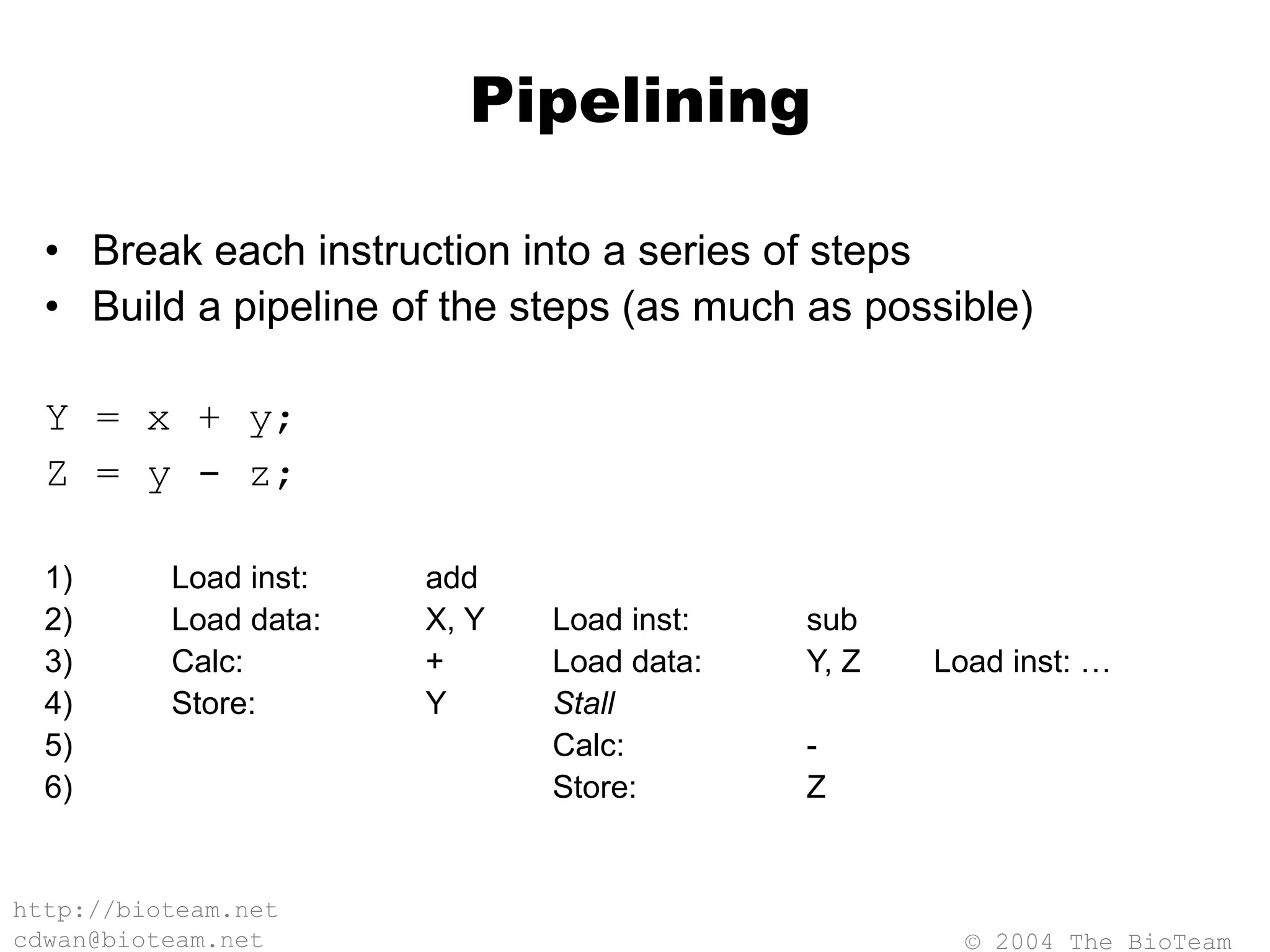 © 2004 The BioTeam
http://bioteam.net
cdwan@bioteam.net
Pipelining
• Break each instruction into a series of steps
• Build a pipeline of the steps (as much as possible)
Y = x + y;
Z = y - z;
1) Load inst: add
2) Load data: X, Y Load inst: sub
3) Calc: + Load data: Y, Z Load inst: …
4) Store: Y Stall
5) Calc: -
6) Store: Z
 