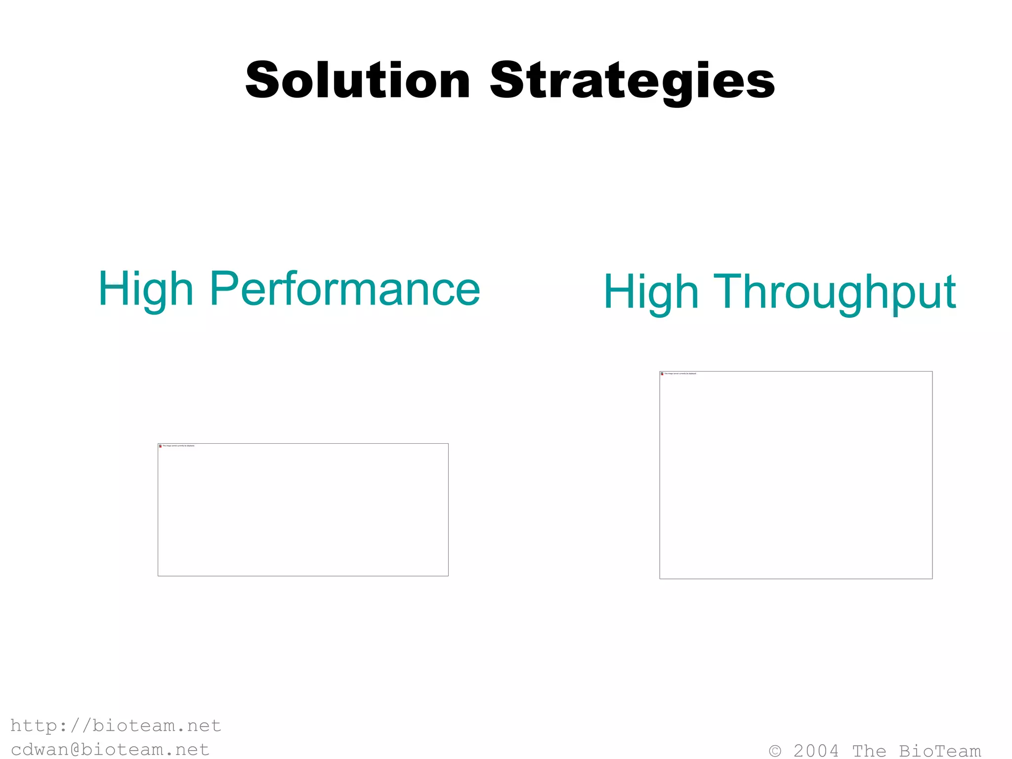 © 2004 The BioTeam
http://bioteam.net
cdwan@bioteam.net
Solution Strategies
High Performance High Throughput
 