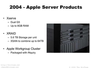 © 2004 The BioTeam
http://bioteam.net
cdwan@bioteam.net
2004 - Apple Server Products
• Xserve
– Dual G5
– Up to 8GB RAM
• XRAID
– 5.6 TB Storage per unit
– XSAN to combine up to 64TB
• Apple Workgroup Cluster
– Packaged with iNquiry
 