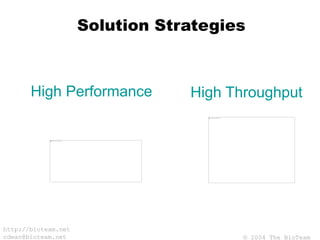 © 2004 The BioTeam
http://bioteam.net
cdwan@bioteam.net
Solution Strategies
High Performance High Throughput
 