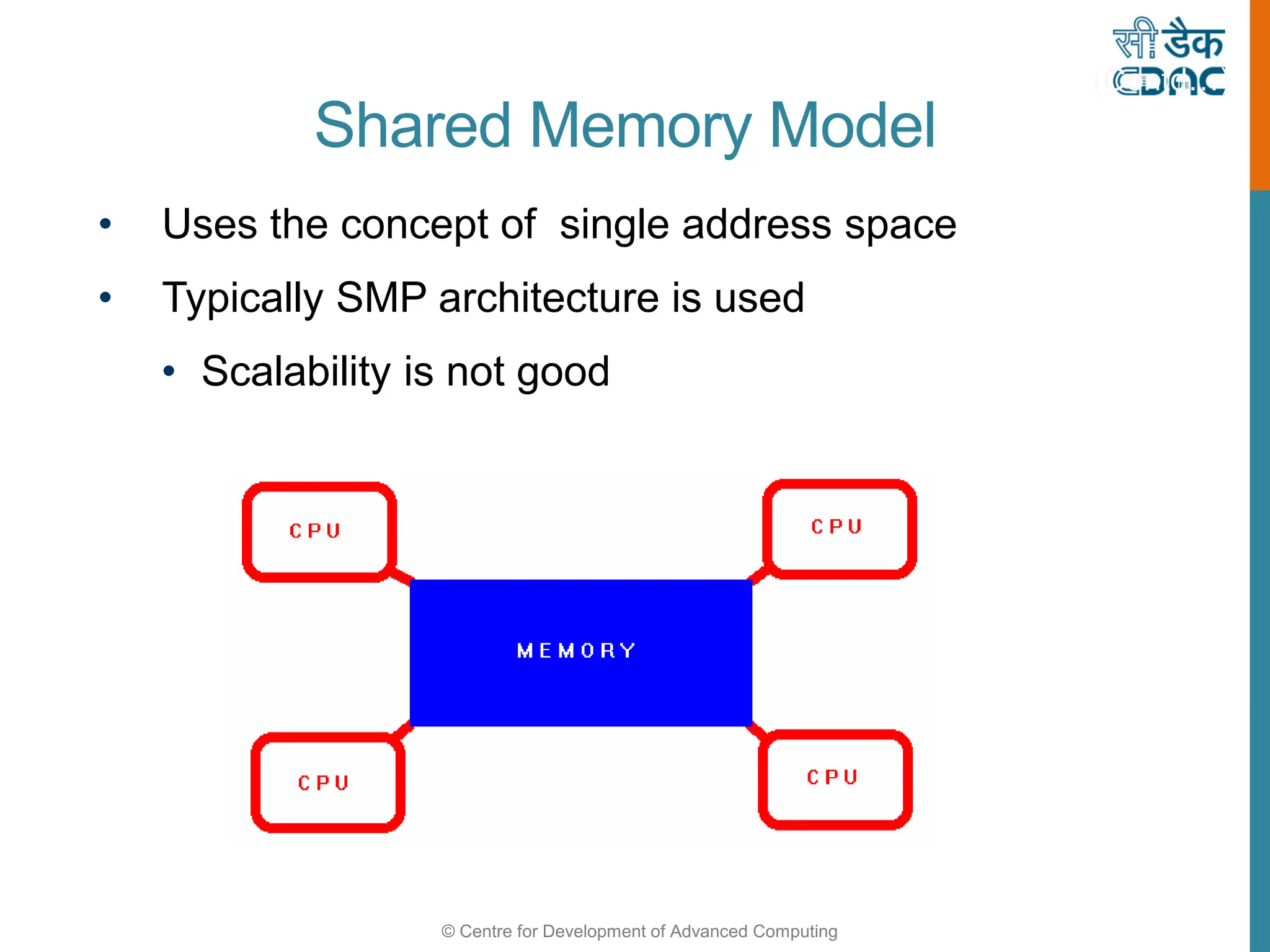 © Centre for Development of Advanced Computing
• Uses the concept of single address space
• Typically SMP architecture is used
• Scalability is not good
(Contd…)
Shared Memory Model
 
