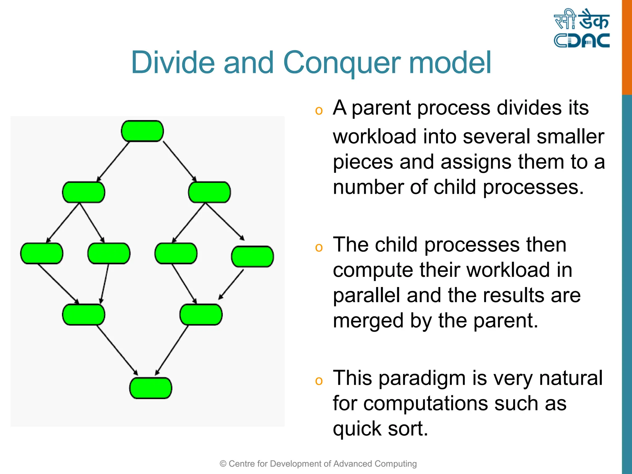 © Centre for Development of Advanced Computing
o A parent process divides its
workload into several smaller
pieces and assigns them to a
number of child processes.
o The child processes then
compute their workload in
parallel and the results are
merged by the parent.
o This paradigm is very natural
for computations such as
quick sort.
Divide and Conquer model
 