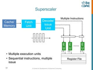 © Centre for Development of Advanced Computing
13
Superscaler
Cache/
Memory
Fetch
Unit
E
U
E
U
E
U
Register File
Decode/
issue
Unit
Multiple Instructions
• Multiple execution units
• Sequential instructions, multiple
issue
 