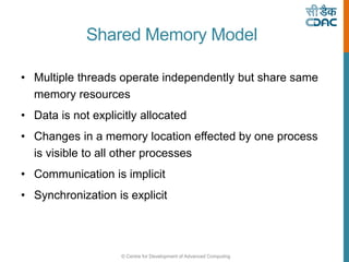 © Centre for Development of Advanced Computing
Shared Memory Model
• Multiple threads operate independently but share same
memory resources
• Data is not explicitly allocated
• Changes in a memory location effected by one process
is visible to all other processes
• Communication is implicit
• Synchronization is explicit
 
