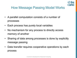 © Centre for Development of Advanced Computing
How Message Passing Model Works
• A parallel computation consists of a number of
processes
• Each process has purely local variables
• No mechanism for any process to directly access
memory of another
• Sharing of data among processes is done by explicitly
message passing
• Data transfer requires cooperative operations by each
process
 