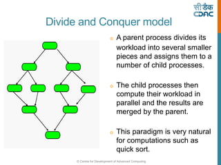 © Centre for Development of Advanced Computing
o A parent process divides its
workload into several smaller
pieces and assigns them to a
number of child processes.
o The child processes then
compute their workload in
parallel and the results are
merged by the parent.
o This paradigm is very natural
for computations such as
quick sort.
Divide and Conquer model
 