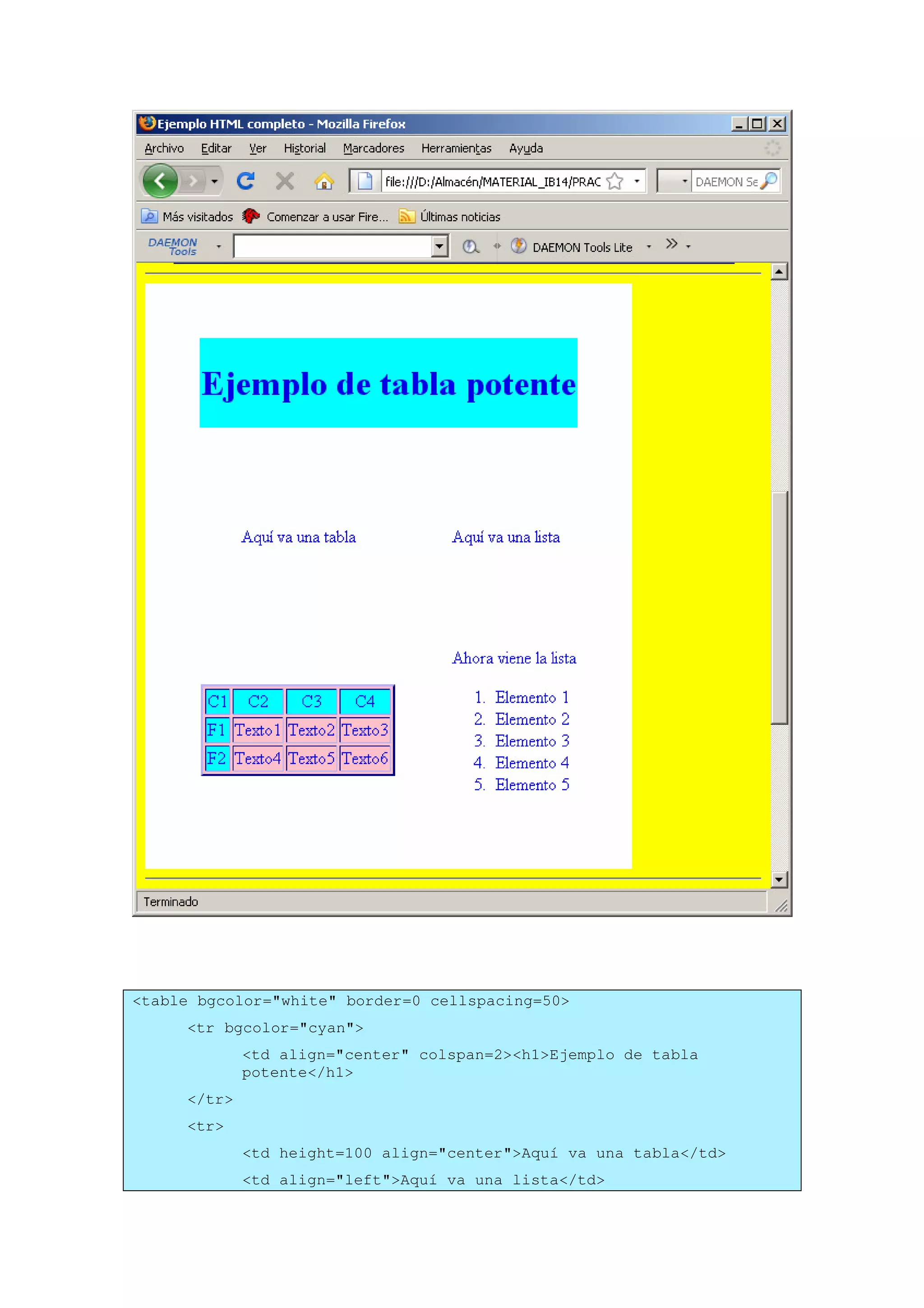 <table bgcolor="white" border=0 cellspacing=50>
<tr bgcolor="cyan">
<td align="center" colspan=2><h1>Ejemplo de tabla
potente</h1>
</tr>
<tr>
<td height=100 align="center">Aquí va una tabla</td>
<td align="left">Aquí va una lista</td>
 