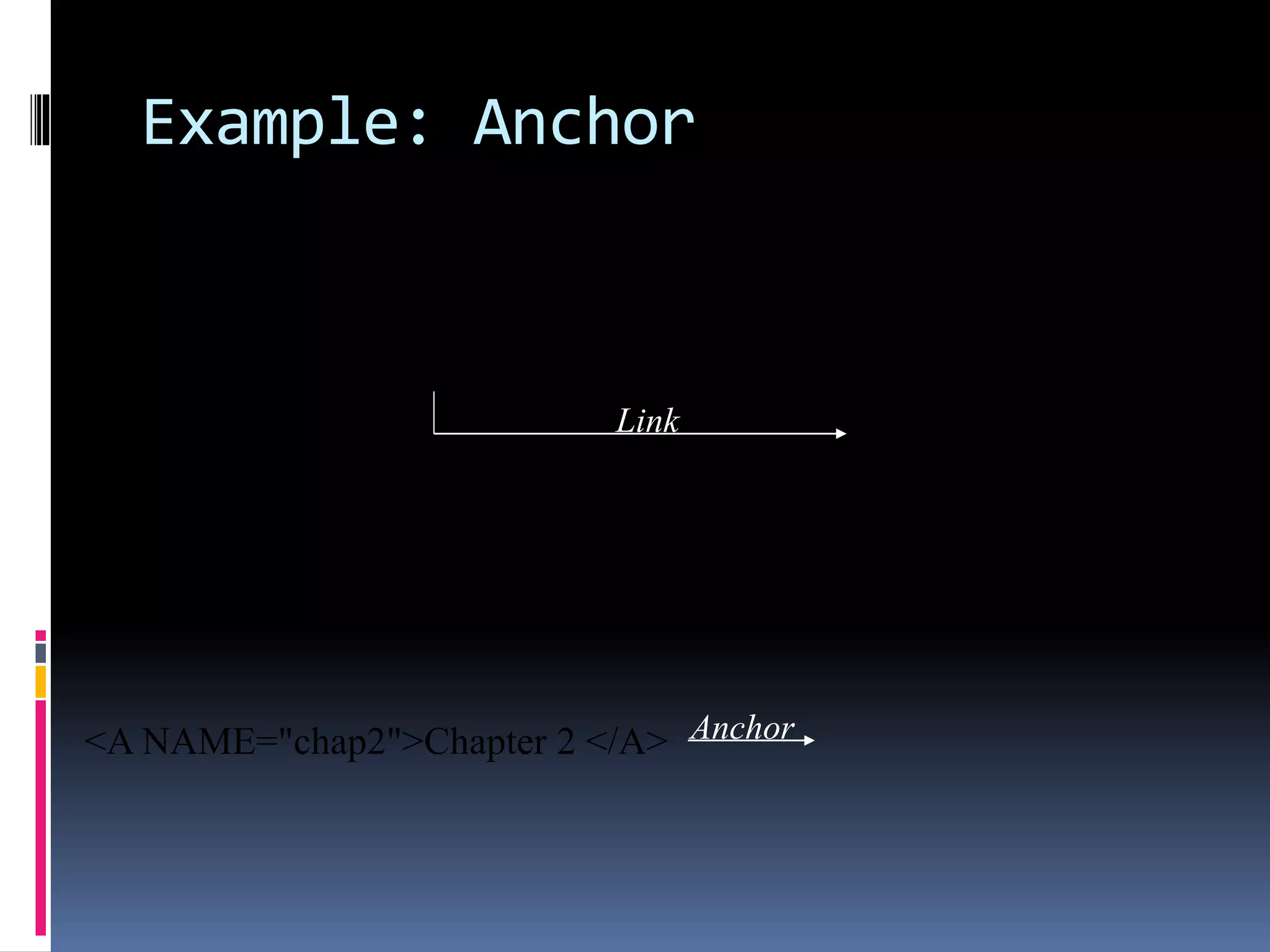 Example: Anchor
<A HREF="#chap2">Chapter Two</A><BR>
<A NAME="chap2">Chapter 2 </A>
Link
Anchor
 