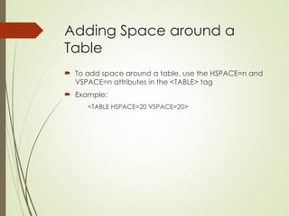 Adding Space around a
Table
 To add space around a table, use the HSPACE=n and
VSPACE=n attributes in the <TABLE> tag
 Example:
<TABLE HSPACE=20 VSPACE=20>
 