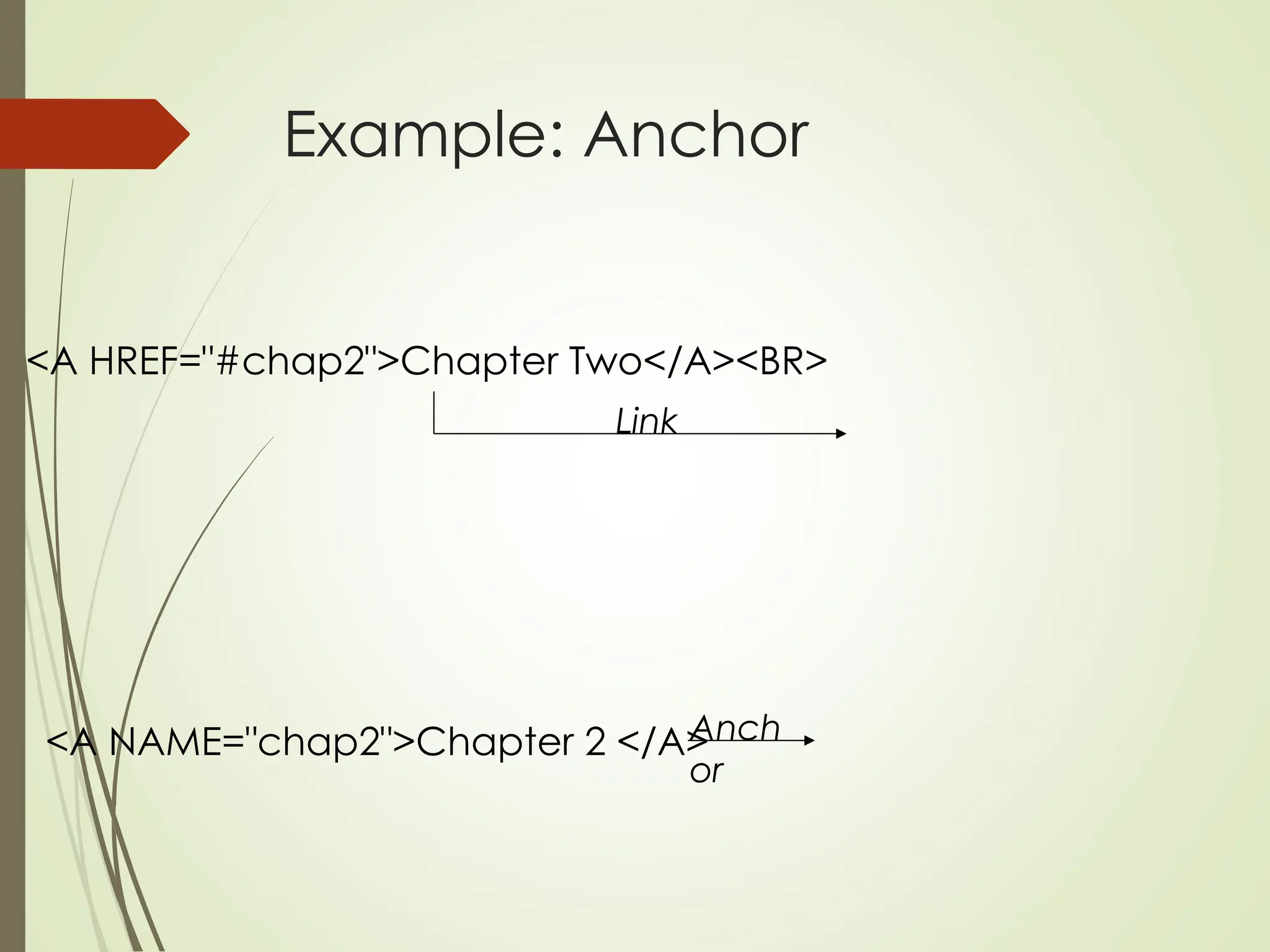 Example: Anchor
<A HREF="#chap2">Chapter Two</A><BR>
<A NAME="chap2">Chapter 2 </A>
Link
Anch
or
 