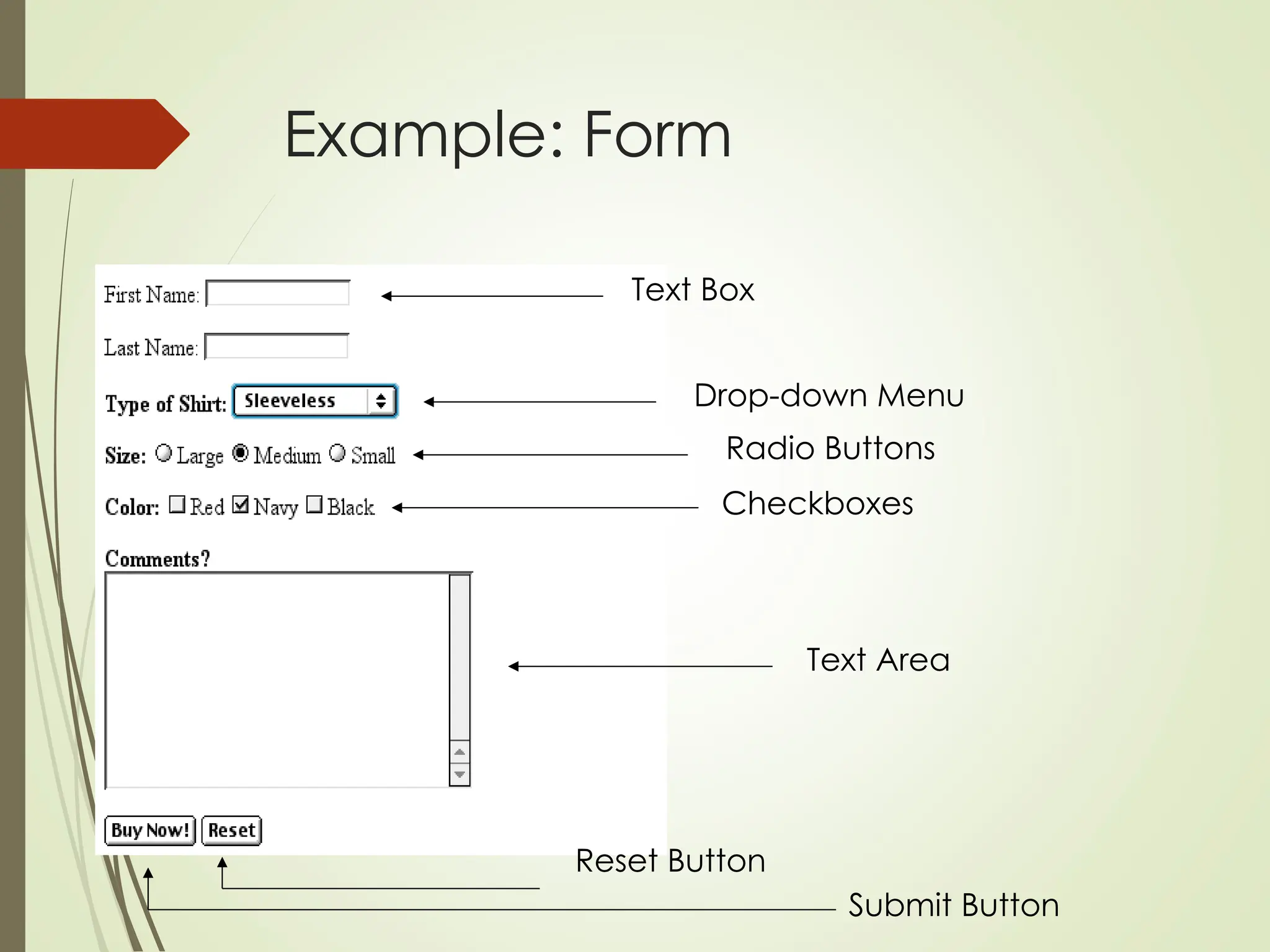 Example: Form
Text Box
Drop-down Menu
Radio Buttons
Checkboxes
Text Area
Submit Button
Reset Button
 