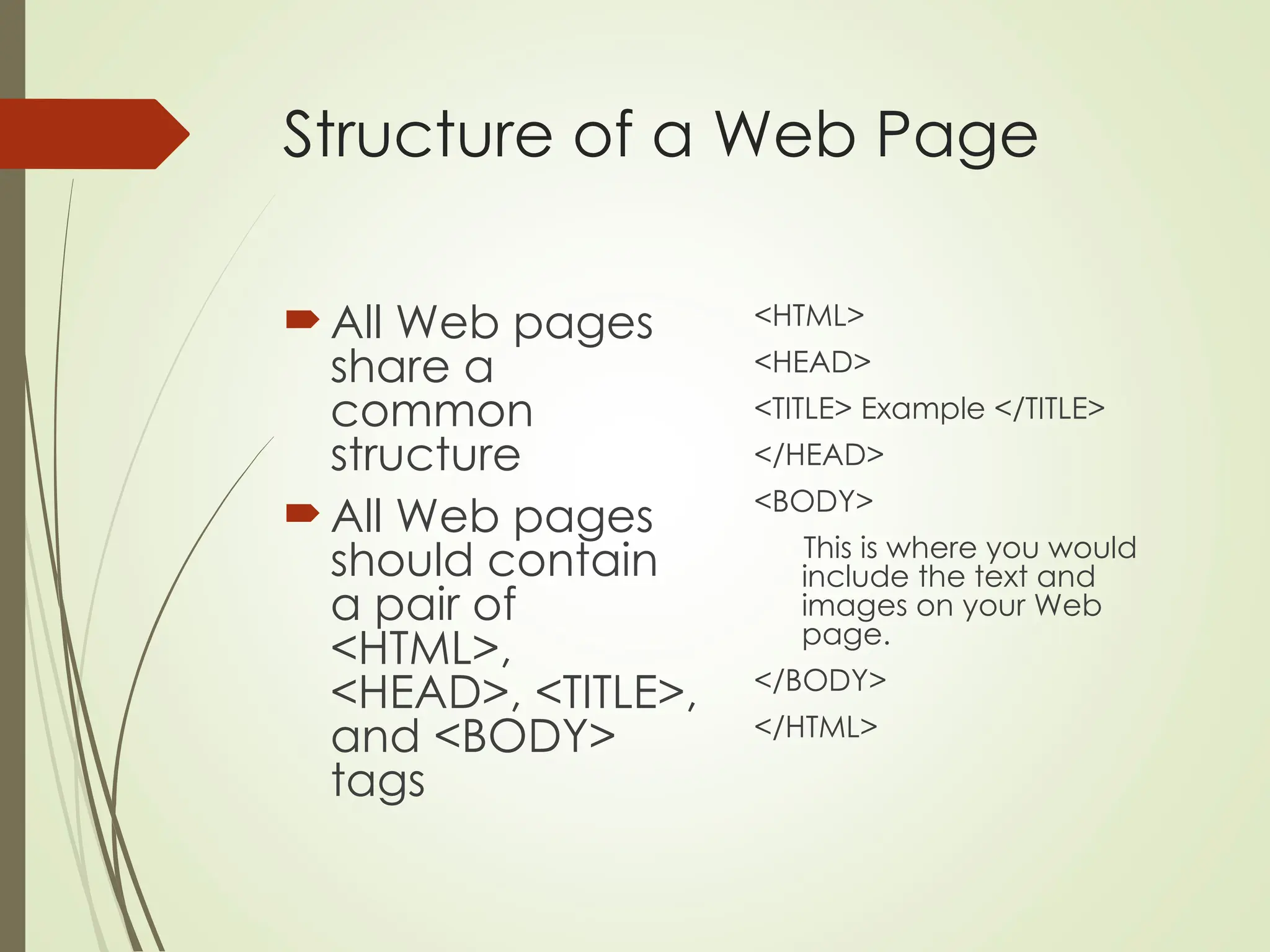 Structure of a Web Page
All Web pages
share a
common
structure
All Web pages
should contain
a pair of
<HTML>,
<HEAD>, <TITLE>,
and <BODY>
tags
<HTML>
<HEAD>
<TITLE> Example </TITLE>
</HEAD>
<BODY>
This is where you would
include the text and
images on your Web
page.
</BODY>
</HTML>
 