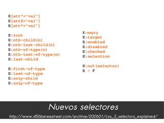 E[att^=”val”]
E[att$=”val”]
E[att*=”val”]
                                   E:empty
E:root                             E:target
E:nth­child(n)                     E:enabled
E:nth­last­child(n)                E:disabled
E:nth­of­type(n)                   E:checked
E:nth­last­of­type(n)              E:selection
E:last­child
                                   E:not(selector)
E:first­of­type                    E ~ F
E:last­of­type
E:only­child
E:only­of­type




                  Nuevos selectores
http://www.456bereastreet.com/archive/200601/css_3_selectors_explained/
 