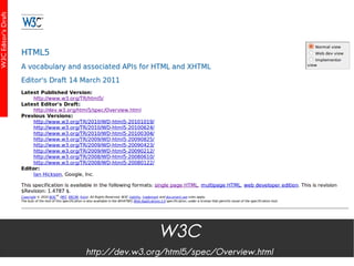 W3C
http://dev.w3.org/html5/spec/Overview.html
 