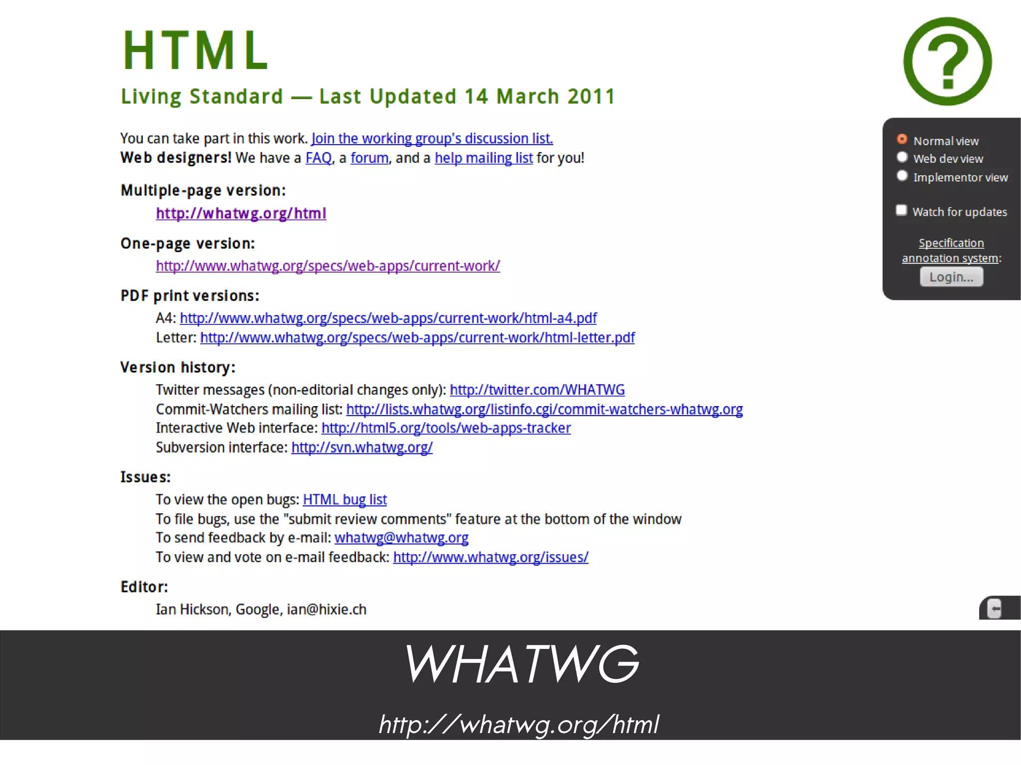 WHATWG
http://whatwg.org/html
 