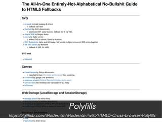 Polyfills
https://github.com/Modernizr/Modernizr/wiki/HTML5-Cross-browser-Polyfills
 