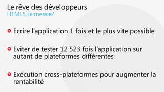 Le rêve des développeursEcrire l’application 1 fois et le plus vite possibleEviter de tester 12 523 fois l’application sur autant de plateformes différentesExécution cross-plateformes pour augmenter la rentabilitéHTML5, le messie?