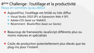 4ème Challenge : l’outillage et la productivitéNous en sommes qu’au débutAujourd’hui, l’outillage est limité ou très diffusVisual Studio 2010 SP1 et Expression Web 4 SP1Adobe CS5 (basé sur WebKit)Récemment : BlueGriffon (basé sur Gecko) Beaucoup de frameworks JavaScript différents plus ou moins matures et spécialisés Coûts de production potentiellement plus élevés que les plug-ins pour l’instant
