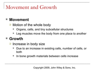 Movement and Growth


Movement


Motion of the whole body





Organs, cells, and tiny subcellular structures
Leg muscles move the body from one place to another

Growth


Increase in body size




Due to an increase in existing cells, number of cells, or
both
In bone growth materials between cells increase

Copyright 2009, John Wiley & Sons, Inc.

 