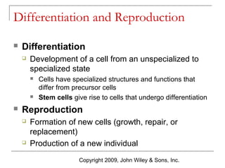 Differentiation and Reproduction


Differentiation


Development of a cell from an unspecialized to
specialized state






Cells have specialized structures and functions that
differ from precursor cells
Stem cells give rise to cells that undergo differentiation

Reproduction




Formation of new cells (growth, repair, or
replacement)
Production of a new individual
Copyright 2009, John Wiley & Sons, Inc.

 