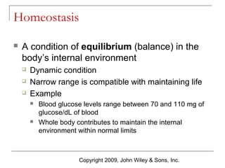 Homeostasis


A condition of equilibrium (balance) in the
body’s internal environment




Dynamic condition
Narrow range is compatible with maintaining life
Example




Blood glucose levels range between 70 and 110 mg of
glucose/dL of blood
Whole body contributes to maintain the internal
environment within normal limits

Copyright 2009, John Wiley & Sons, Inc.

 