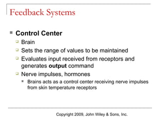 Feedback Systems


Control Center






Brain
Sets the range of values to be maintained
Evaluates input received from receptors and
generates output command
Nerve impulses, hormones


Brains acts as a control center receiving nerve impulses
from skin temperature receptors

Copyright 2009, John Wiley & Sons, Inc.

 