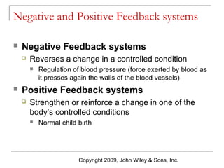 Negative and Positive Feedback systems


Negative Feedback systems


Reverses a change in a controlled condition




Regulation of blood pressure (force exerted by blood as
it presses again the walls of the blood vessels)

Positive Feedback systems


Strengthen or reinforce a change in one of the
body’s controlled conditions


Normal child birth

Copyright 2009, John Wiley & Sons, Inc.

 