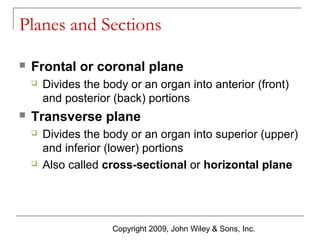 Planes and Sections


Frontal or coronal plane




Divides the body or an organ into anterior (front)
and posterior (back) portions

Transverse plane




Divides the body or an organ into superior (upper)
and inferior (lower) portions
Also called cross-sectional or horizontal plane

Copyright 2009, John Wiley & Sons, Inc.

 
