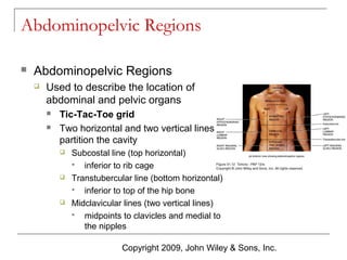 Abdominopelvic Regions


Abdominopelvic Regions


Used to describe the location of
abdominal and pelvic organs



Tic-Tac-Toe grid
Two horizontal and two vertical lines
partition the cavity






Subcostal line (top horizontal)

inferior to rib cage
Transtubercular line (bottom horizontal)

inferior to top of the hip bone
Midclavicular lines (two vertical lines)

midpoints to clavicles and medial to
the nipples
Copyright 2009, John Wiley & Sons, Inc.

 