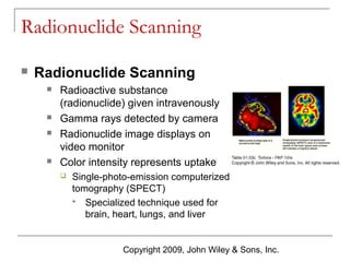 Radionuclide Scanning


Radionuclide Scanning







Radioactive substance
(radionuclide) given intravenously
Gamma rays detected by camera
Radionuclide image displays on
video monitor
Color intensity represents uptake


Single-photo-emission computerized
tomography (SPECT)
 Specialized technique used for
brain, heart, lungs, and liver

Copyright 2009, John Wiley & Sons, Inc.

 