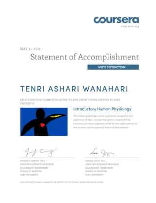 coursera.org
Statement of Accomplishment
WITH DISTINCTION
MAY 31, 2013
TENRI ASHARI WANAHARI
HAS SUCCESSFULLY COMPLETED AN ONLINE NON-CREDIT COURSE OFFERED BY DUKE
UNIVERSITY.
Introductory Human Physiology
This human physiology course emphasizes recognition and
application of basic concepts that govern integrated body
function as an intact organism and of its nine organ systems, as
well as some clinical aspects of failure of these systems.
JENNIFER CARBREY, PH.D.
ASSISTANT RESEARCH PROFESSOR
CELL BIOLOGY DEPARTMENT
SCHOOL OF MEDICINE
DUKE UNIVERSITY
EMMA R. JAKOI, PH.D.
ASSOCIATE RESEARCH PROFESSOR
CELL BIOLOGY DEPARTMENT
SCHOOL OF MEDICINE
DUKE UNIVERSITY
DUKE UNIVERSITY CANNOT GUARANTEE THE IDENTITY OF THE STUDENT TAKING THIS ONLINE COURSE.
 