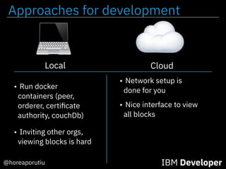 Approaches for development
@horeaporutiu IBM Developer
Cloud
• Run docker
containers (peer,
orderer, certiﬁcate
authority, couchDb)
• Network setup is
done for you
Local
• Nice interface to view
all blocks
• Inviting other orgs,
viewing blocks is hard
 