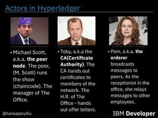 Actors in Hyperledger
@horeaporutiu IBM Developer
•Michael Scott,
a.k.a. the peer
node. The peer,
(M. Scott) runs
the show
(chaincode). The
manager of The
Ofﬁce.
http://mtncatholic.com/2016/10/06/no-joke-dante-puts-michael-scott-hell/
• Toby, a.k.a the
CA(Certiﬁcate
Authority). The
CA hands out
certiﬁcates to
members of the
network. The
H.R. of The
Ofﬁce - hands
out offer letters.
http://theofﬁce.wikia.com/wiki/Toby_Flenderson https://www.dailybreak.com/break/chilis-lifts-ban-on-pam-beesly
• Pam, a.k.a. the
orderer
broadcasts
messages to
peers. As the
receptionist in the
ofﬁce, she relays
messages to other
employees.
 