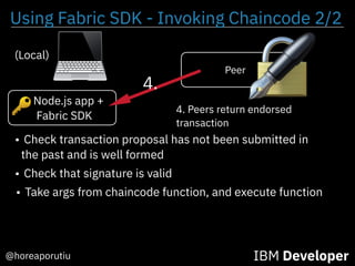 Using Fabric SDK - Invoking Chaincode 2/2
IBM Developer@horeaporutiu
Node.js app +
Fabric SDK
Peer
(Local)
4. Peers return endorsed
transaction
4.
• Check transaction proposal has not been submitted in
the past and is well formed
• Check that signature is valid
• Take args from chaincode function, and execute function
🔑
 