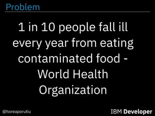 Problem
IBM Developer@horeaporutiu
1 in 10 people fall ill
every year from eating
contaminated food -
World Health
Organization
 