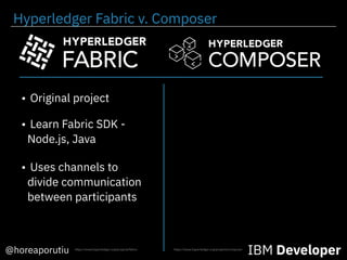 • Learn Fabric SDK -
Node.js, Java
• Original project
@horeaporutiu IBM Developer
• Uses channels to
divide communication
between participants
https://www.hyperledger.org/projects/composerhttps://www.hyperledger.org/projects/fabric
Hyperledger Fabric v. Composer
 