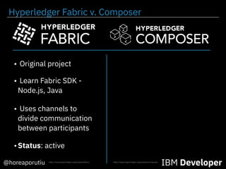 • Learn Fabric SDK -
Node.js, Java
• Original project
@horeaporutiu IBM Developer
• Uses channels to
divide communication
between participants
https://www.hyperledger.org/projects/composerhttps://www.hyperledger.org/projects/fabric
•Status: active
Hyperledger Fabric v. Composer
 
