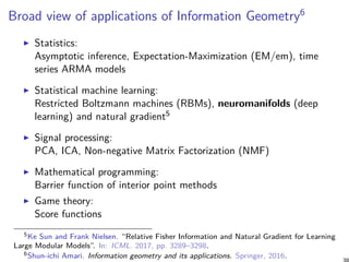Broad view of applications of Information Geometry6
Statistics:
Asymptotic inference, Expectation-Maximization (EM/em), time
series ARMA models
Statistical machine learning:
Restricted Boltzmann machines (RBMs), neuromanifolds (deep
learning) and natural gradient5
Signal processing:
PCA, ICA, Non-negative Matrix Factorization (NMF)
Mathematical programming:
Barrier function of interior point methods
Game theory:
Score functions
5Ke Sun and Frank Nielsen. “Relative Fisher Information and Natural Gradient for Learning
Large Modular Models”. In: ICML. 2017, pp. 3289–3298.
6Shun-ichi Amari. Information geometry and its applications. Springer, 2016.
 