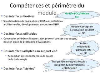 Compétences et périmètre du
module
- 17 -
 Des interfaces flexibles
• Sensibilisation à la conception d’IHM, considérations
architecturales, développement modulaire d’IHM
 Des interfaces utilisables
• Conception centrée utilisateurs avec prise en compte des usages,
mise en place de protocoles d’évaluations
 Des interfaces adaptées au support visé
• Acquisition de connaissances à la pointe
de la technologie
 Des interfaces "stylées"
Module POO/IHM en
SI3
Module Conception
& évaluation des IHM
en SI5
Autres
modules du
parcours IHM
en SI5
Design non enseigné à l’école :
Designers & informaticiens
collaborent
 