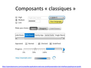 https://openclassrooms.com/courses/les-applications-web-avec-javafx/presentation-de-l-interface-graphique-en-javafx
Composants « classiques »
 