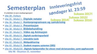• Uke 34 - Forkurs
• Uke 35 - Modul 1 - Digitale notater
• Uke 36 - Modul 2 - Kontorprogramvare og samskriving
• Uke 37 - Modul 3 - Presentasjon
• Uke 38 - Modul 4 - Bildebehandling
• Uke 39 - Modul 5 - Video og Animasjon
• Uke 40 - Modul 6 - Digitalt vurderingsarbeid
• Uke 41 - Modul 7 - Interaktiv tavle
• Uke 42 - Modul 8 - Webpublisering
• Uke 43 - Modul 9 - Student respons systemer (SRS)
• Uke 44 - Modul10 - Digitale hjelpemidler for elever med skrivevansker, samt opphavsrett
Vi anbefaler en jevn studieprogresjon!
 