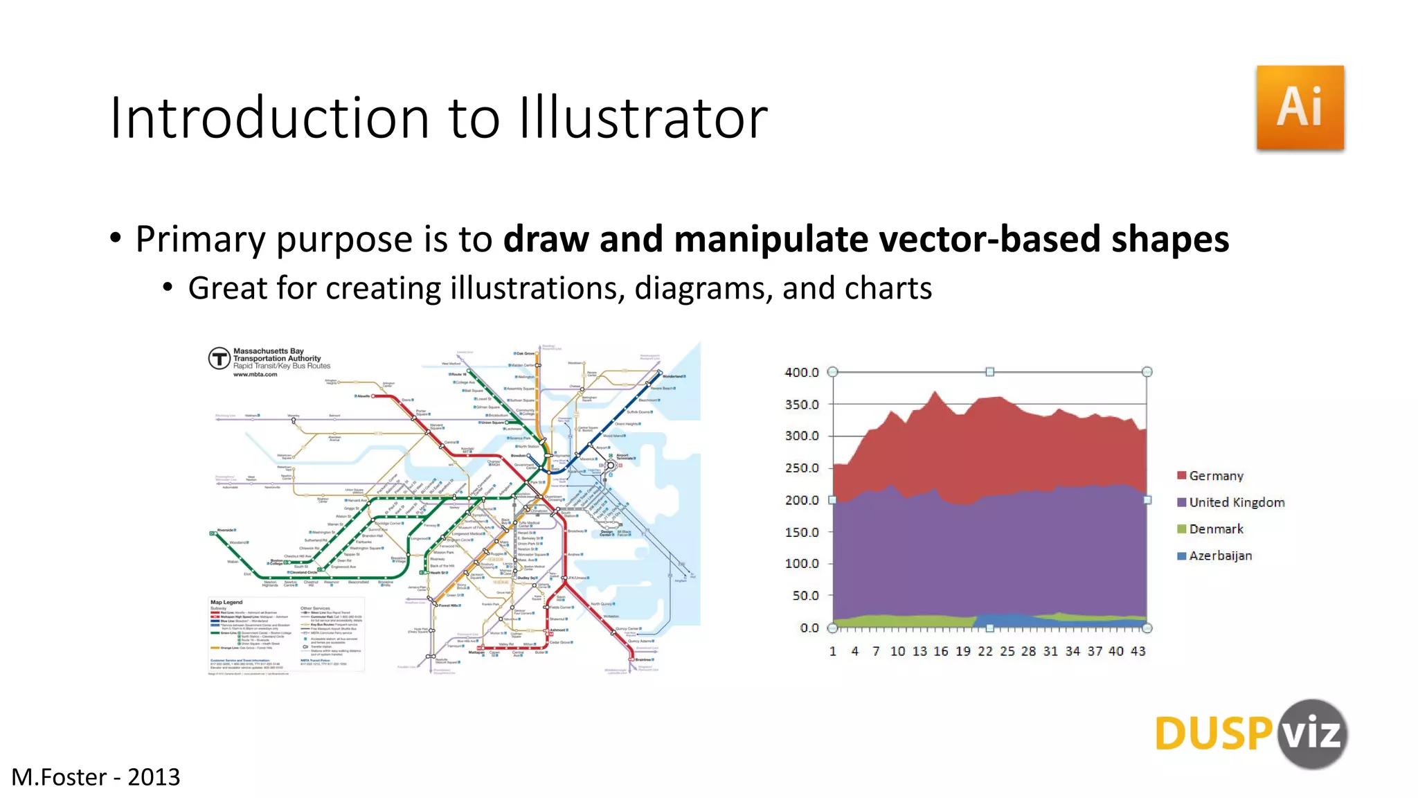 Introduction to Illustrator
• Primary purpose is to draw and manipulate vector-based shapes
• Great for creating illustrations, diagrams, and charts
M.Foster - 2013
 
