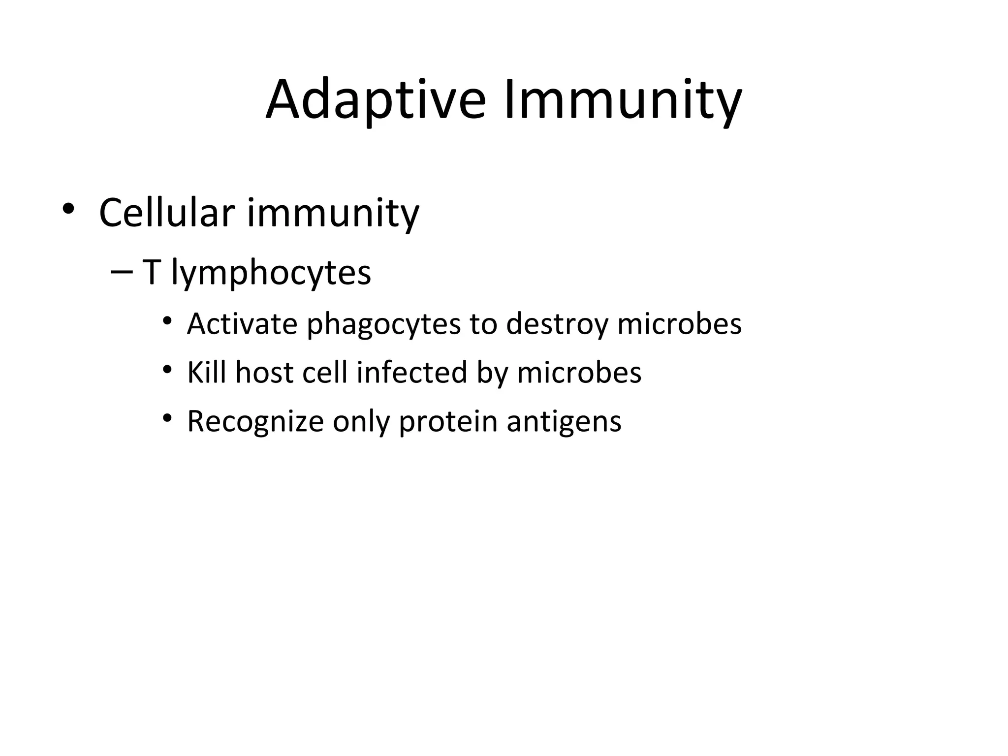 Adaptive Immunity Cellular immunity T lymphocytes Activate phagocytes to destroy microbes Kill host cell infected by microbes Recognize only protein antigens 