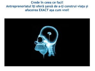 Crede în ceea ce faci!
Antreprenoriatul îți oferă șansă de a-ți construi viața și
afacerea EXACT așa cum vrei!
 